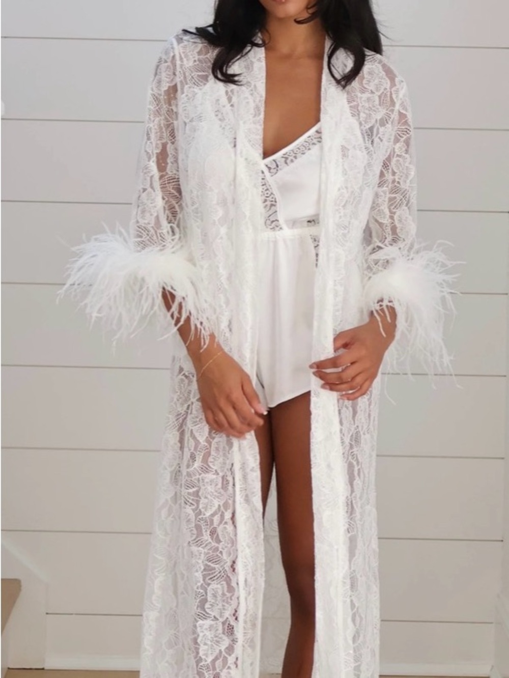 Lace Feather Trim Long Robe - White